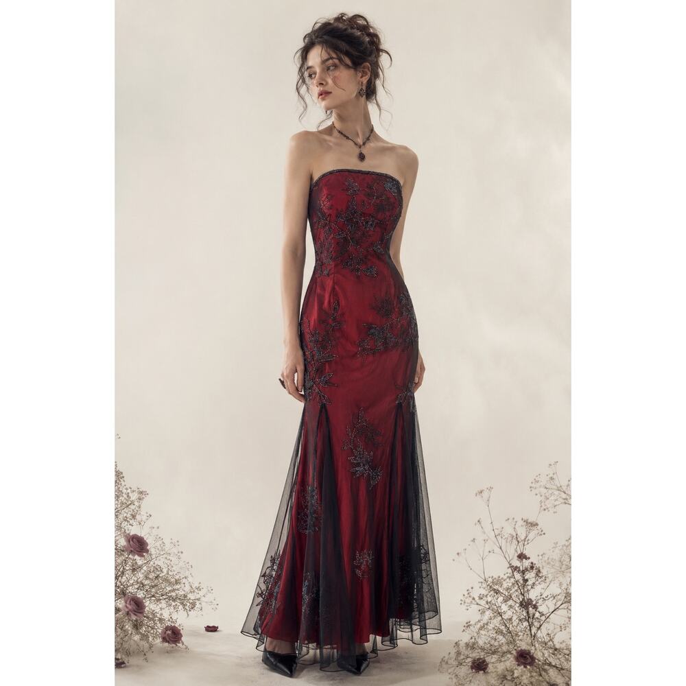 Vintage Cache Strapless Beaded Burgundy Black Evening Gown Mesh Dress Whimsygoth - Picture 16 of 16